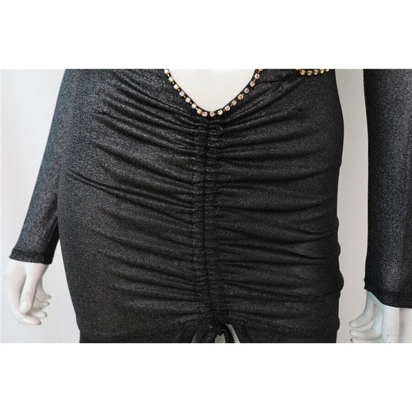 Womens Glitter Shirring Detailed Slit Cutout Maxi Dress Club Party Black Dress - Picture 11 of 11